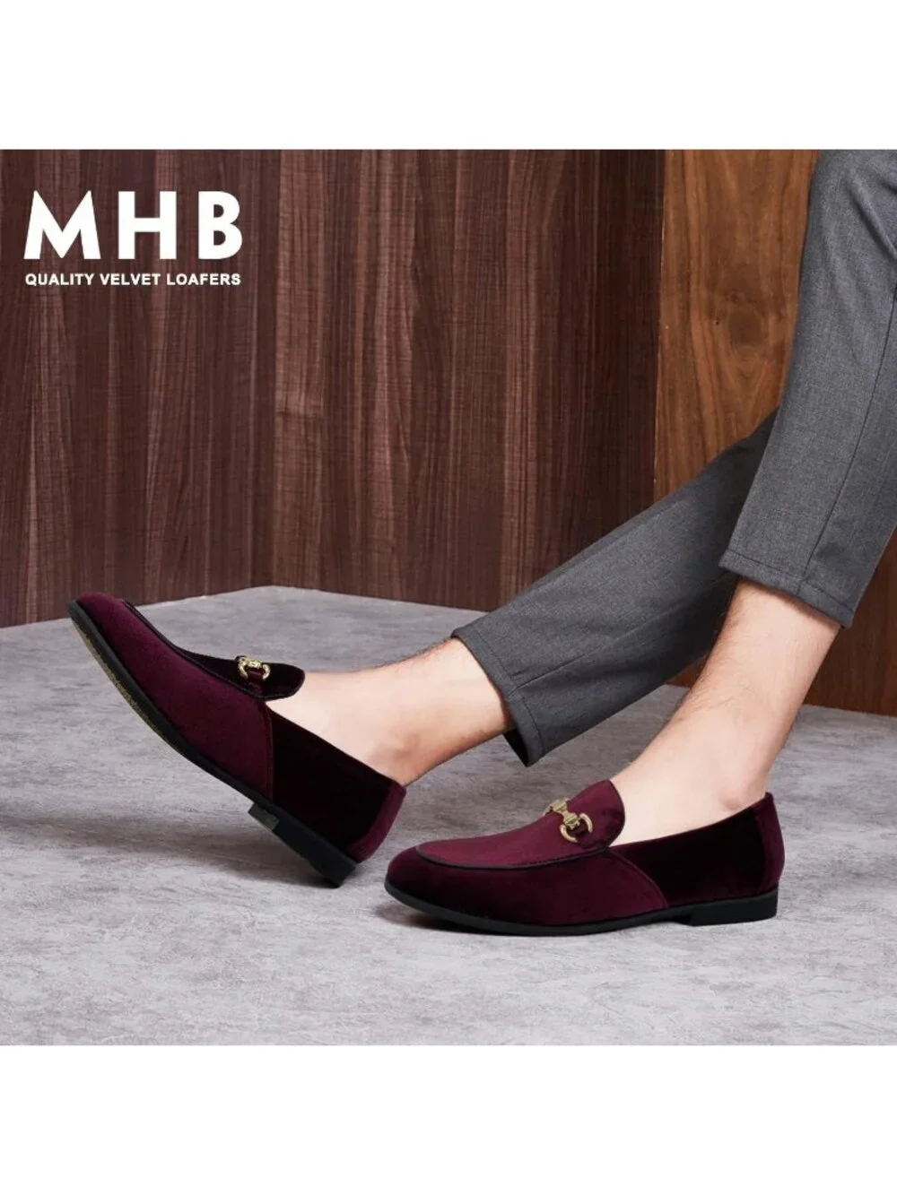 Men's Burgundy Velvet Glitter Suede Gold Bit Slip On Loafer Slipper Dress Shoes